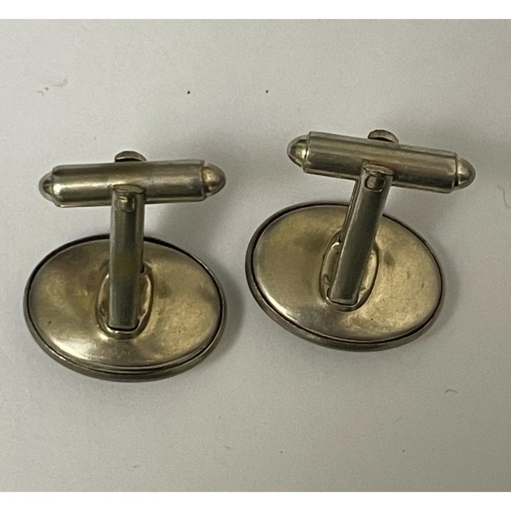 Vintage Silver Tone Oval Black Glass Rhinestone Cufflinks